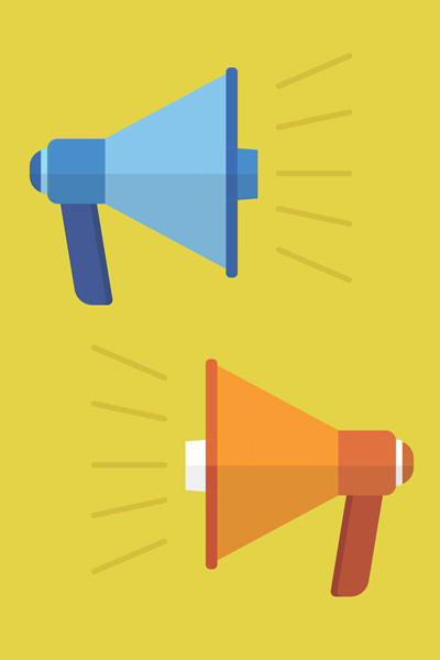 Zwei Megaphone in rot und blau auf gelbem Hintergrund