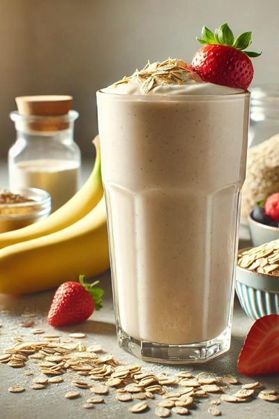 Shake im Glas mit Bananen und Erdbeeren.